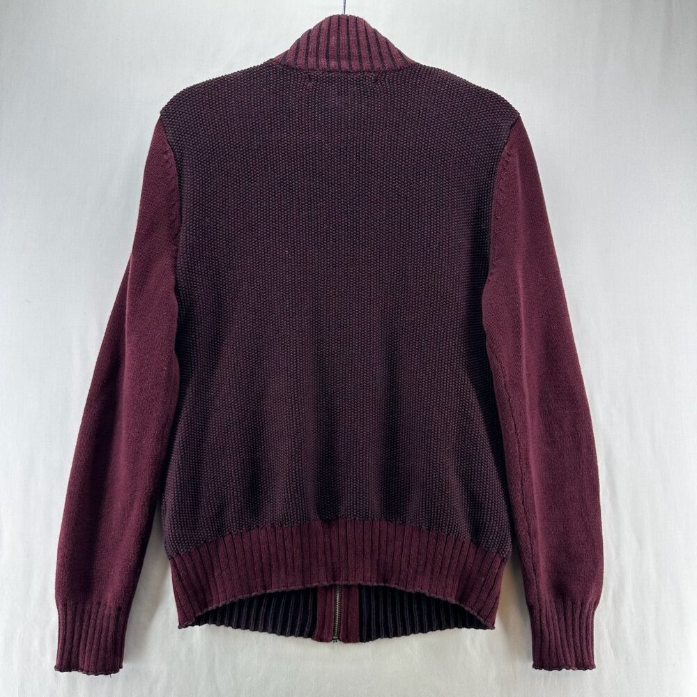 GUESS Cardigan Sweater Mens S Full Zip Mock Neck Cotton Knit Ribbed Trim Maroon - Picture 2 of 12